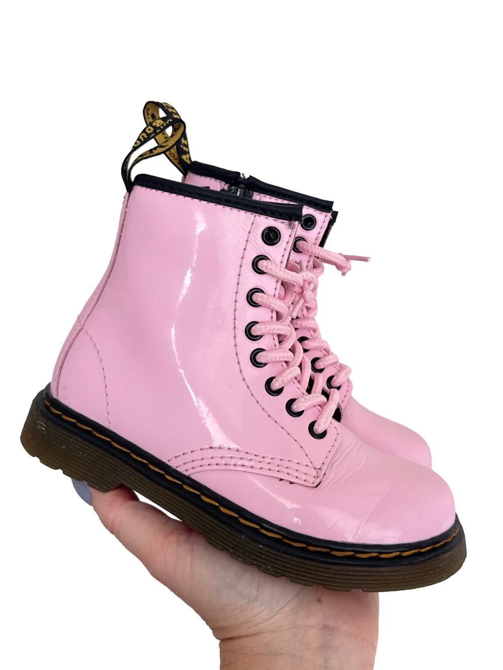 Dr. Martens Pink Glossy Lace-Up Kids Combat Boots